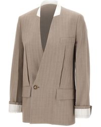 Victoria Beckham - Jassen ,Bruin ,Leer Kraagloos Getailleerd Jasje Met Geplooide Achterkant - Lyst