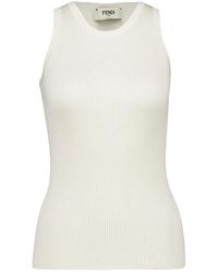 Fendi - Tops ,Wit ,Katoen Geribbelde Zijde-Katoenen Tanktop - Lyst