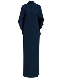 Alberta Ferretti - Kleedjes ,Blauw ,Polyester Lange Jurk Met Cape Detail En Strik Aan De Achterkant - Lyst