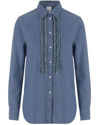 Aspesi - Overhemden ,Blauw ,Denim Chambray Denim Shirt Met Ruches - Lyst
