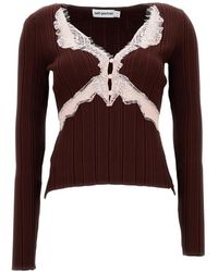 Self-Portrait - Tops ,Bruin ,Polyester Top Met Ribbels En Kanten Rand - Lyst
