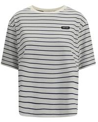 Miu Miu - Gestreept Katoenen T-Shirt Met Logopatch - Lyst