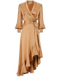 Zimmermann - Vestido de seda marrón con escote en v - Lyst