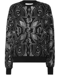 Philipp Plein - Hoodies & Sweatvesten ,Zwart ,Katoen Fleece Sweatshirt Gothic Plein Strass - Lyst
