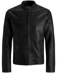 Jack & Jones - Jassen ,Zwart ,Leer Zwarte Eco-Leren Polyamide Herenjas - Lyst