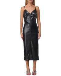 MSGM - Schwarzes Pailletten Leder Midi Kleid - Lyst