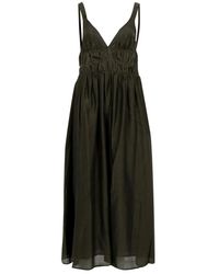 Semicouture - Kleedjes ,Groen ,Katoen Militaire Lange Jurk Met Topstitching - Lyst