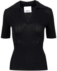 Erika Cavallini Semi Couture - Polo negro de algodón con cuello en v - Lyst