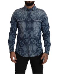 Dolce & Gabbana - Blaues denim stretch logo slim fit hemd - Lyst