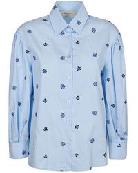 Weekend by Maxmara - Camisa azul de algodón con diseño geométrico mangas abullonadas - Lyst