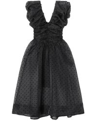 Ganni - Kleedjes ,Zwart ,Organza Polka-Dot Ruched Organza Midi Jurk - Lyst
