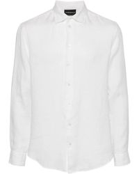 Emporio Armani - Overhemden ,Wit ,Linnen Witte Linnen Logo Overhemd Klassieke Kraag - Lyst