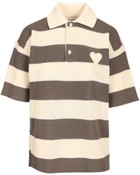Ami Paris - Gestreept Gebreide Katoenen Polo Met Borduursel - Lyst