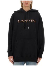 Lanvin - Hoodies & Sweatvesten ,Zwart ,Katoen Logo-Embroidered Hoodie - Lyst