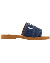 Chloé - Schoenen ,Blauw ,Denim Denim Woody Slide Sandalen - Lyst