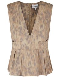 Ganni - Gedrukte Stretch Katoenen V-Hals Blouse Met Zak - Lyst