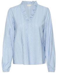 Kaffe - Overhemden ,Blauw ,Zachte Chambray Vrouwelijke Blouse Met Ruche - Lyst