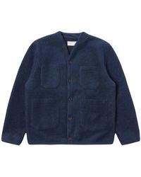Universal Works - Cardigan in lana fleece indaco - Lyst