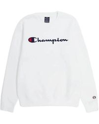Champion - Felpa bianca con logo ricamato e collo a giro - Lyst