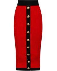 Balmain - Falda midi de punto roja y negra con botones - Lyst