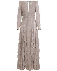 Elisabetta Franchi - Kleedjes ,Grijs ,Polyester Georgette Carpet Jurk Met Polka Dots En Linten - Lyst