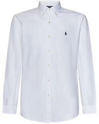 Ralph Lauren - Weißes hemd mit knopfleiste und blauer pony-stickerei - Lyst