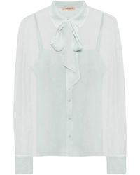 Twinset - Overhemden ,Blauw ,Polyester Blouse Met Afneembare Sjaal - Lyst