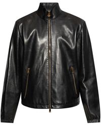 Versace - Jassen ,Zwart ,Leer Leren Jas Met Opstaande Kraag - Lyst