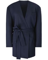 The Attico - Blauwe Wollen Wikkeljas Met V-Hals - Lyst