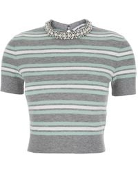 Self-Portrait - Grau Gestreifter Stricktop Mit Kristallverzierung - Lyst