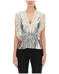 Rabanne - Overhemden ,Grijs ,Top Met Kantinzet En Gerimpelde Taille - Lyst