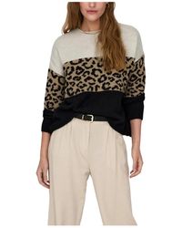 ONLY - Truien & Vesten ,Polyester Gebreide Trui Met Luipaardprint, Lange Mouwen En Ronde Hals - Lyst