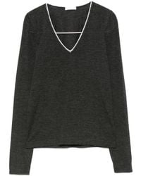 Brunello Cucinelli - Grijze V-Hals Trui Met Versierde Halslijn - Lyst