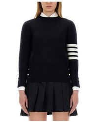 Thom Browne - Truien & Vesten ,Blauw ,Wol Milano Stitch Klassieke Trui Met Ronde Hals - Lyst
