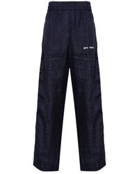 Palm Angels - Broeken ,Blauw ,Linnen Logo-Print Linnen Trainingsbroek - Lyst