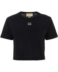Gucci - Tops ,Zwart ,Katoen Crystal G Logo Cropped T-Shirt - Lyst