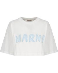 Marni - Weiße baumwoll-crop-t-shirt mit logo,weiße t-shirts und polos mit pinselstrich-print - Lyst