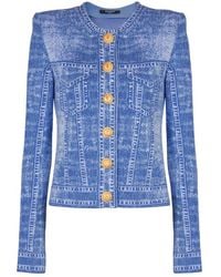 Balmain - Cardigan in maglia jacquard con trompe-l'œil denim - Lyst