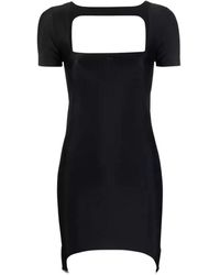Courreges - Kleedjes ,Zwart ,Leer Zwarte Mini-Jurk Met Vierkante Halslijn - Lyst