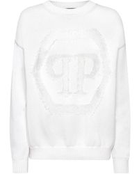 Philipp Plein - Truien & Vesten ,Wit ,Katoen Gebreide Pullover Ronde Hals Lange Mouw Hexagon - Lyst