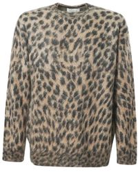 Laneus - Truien & Vesten ,Bruin ,Wol Leopard Crew Neck Sweater - Lyst
