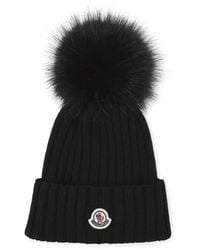 Moncler - Accessoires ,Zwart ,Wol Ribbed Pom-Pom Beanie - Lyst