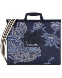 Etro - Borsa Love Trotter Grande Jacquard Blu Navy Con Uccelli - Lyst