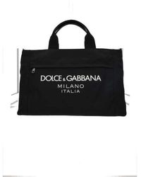 Dolce & Gabbana - Borsa a mano nera in nylon con dettagli in pelle liscia e stampa logo a contrasto - Lyst