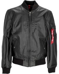 Alpha Industries - Jassen ,Zwart ,Leer Zwarte Leren Bomberjack Met Rits - Lyst