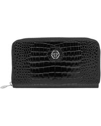 Philipp Plein - Accessoires ,Zwart ,Leer Rounded Zip Wallet Cocco Shiny - Lyst
