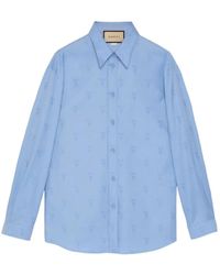 Gucci - Camicia in cotone blu con logo jacquard - Lyst