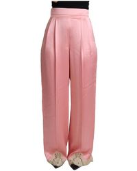 Dolce & Gabbana - Pantaloni a gambe larghe in raso di seta rosa con bordo in pizzo - Lyst