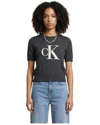 Calvin Klein - Truien & Vesten ,Grijs ,Katoen Rondgebreide Bovenkleding - Lyst