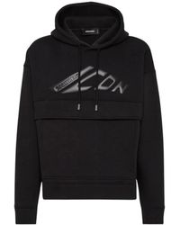 DSquared² - Hoodies & Sweatvesten ,Zwart ,Katoen Hoodie Met Losse Pasvorm En Kangoeroezak - Lyst